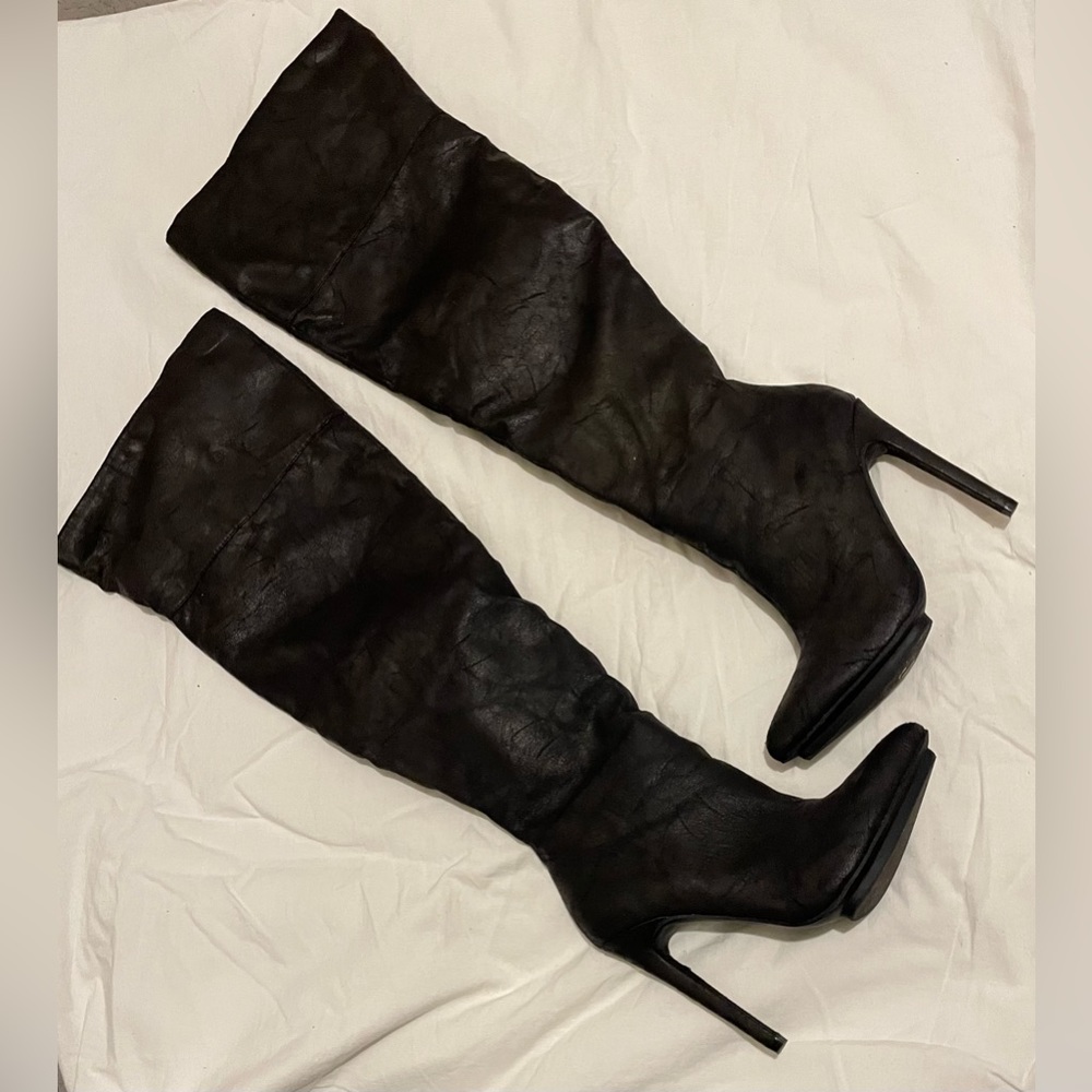 Thigh high crushed suede heeled boots